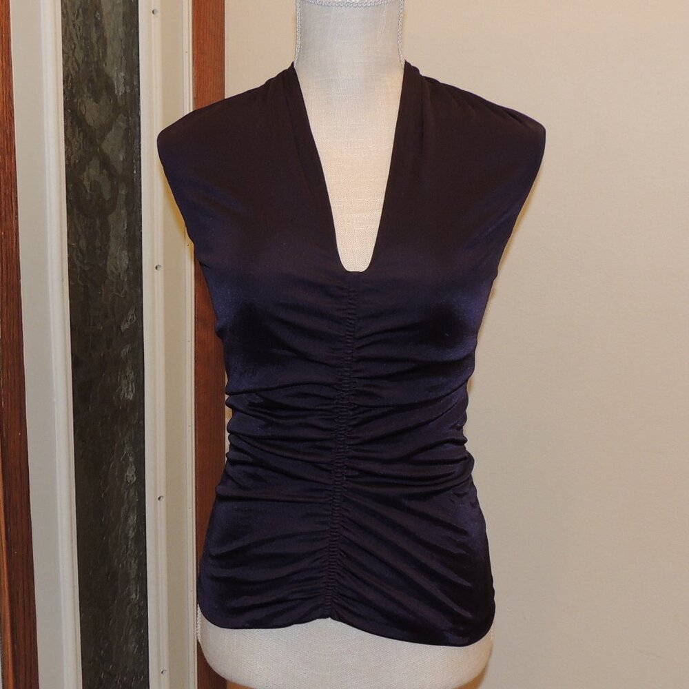 BHFO Purple Ruched Halter Top Deep V Neck Tie Back Sleeveless